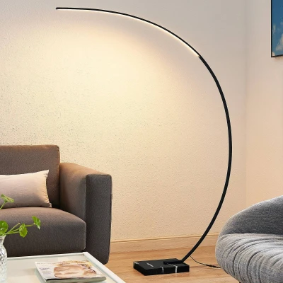 Imagen de Lindby Lámpara de pie LED arqueada Kendra, negra, aluminio, altura 180cm