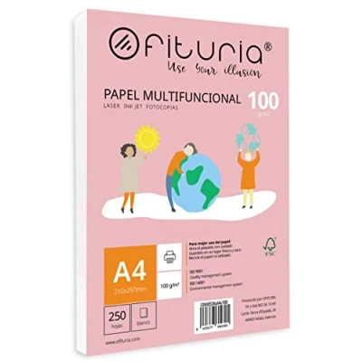 Imagen de Paquete de folios A4 100gr con 250 Hojas Blancas, Papel Multifuncional para Uso Escolar y Entornos Laborales. Ideal impresoras láser, inyección o fotocopiadoras Ofituria