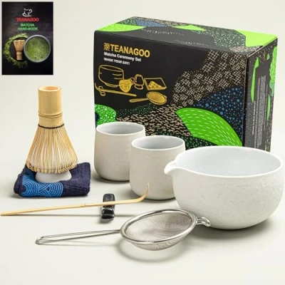 Imagen de TEANAGOO Matcha Whisk Set Tazón de con pico fundición Bambú Scoop Whisk. 1 Juego Té Japonés (7pcs) +2 Tazas (7.2oz), S3, Lt.Grey