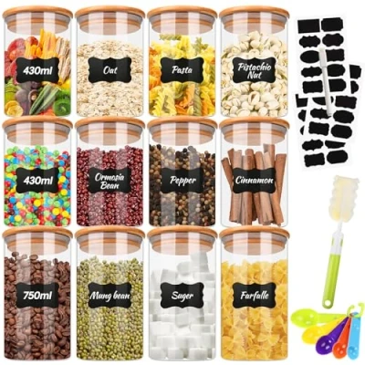 Imagen de TEGOVE Juego de12 Tarros de Cristal con Tapa Bambú,430ml/ 750ml/ Vidrio Cocina Almacenaje,Tarro Pegatinas y cuchara medidora,Frascos para Hierba,Té,Cereales