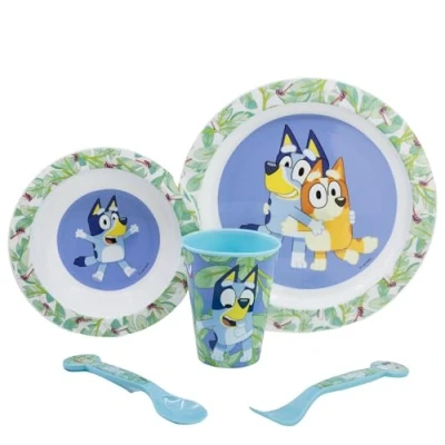 Imagen de Set vajilla infantil reutilizable apta para microondas compuesta por vaso, plato, cuenco y cubiertos de Bluey