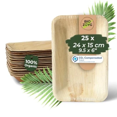 Imagen de BIOZOYG 25x platos de hoja palma 24x15 cm Vajilla desechable y compostable fiesta sostenible