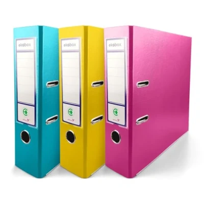 Imagen de Netuno 3x carpetas de archivos 2 anillas 3 colores turquesa amarillo rosa A4 8cm Ekobox archivador cartón reciclado eco organizador para documentos estantería oficina escritorio archivo