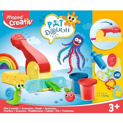 Imagen de Set de Manualidades para Niños Pat Dough 4 Botes + 12 Accesorios A Partir 3 Años Textura Suave y No Pegajosa Incluye 1 Prensa Mano, 6 Moldes, Cuchillo 2 Extrusoras