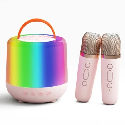 Imagen de Brovamo Karaoke Maschine Infantil, 2 Microfonos Inalambricos, Microfono Niños y Niñas, Micrófono Niña con Luces LED 5 Efectos de Sonido (Rosa)