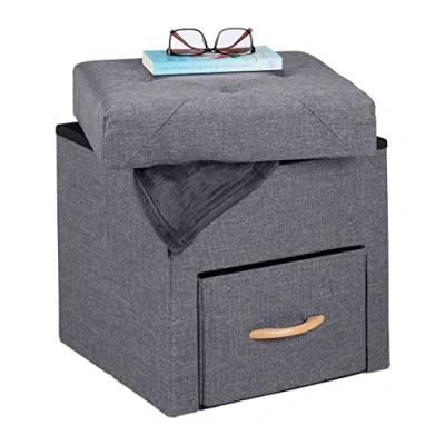 Imagen de Relaxdays Taburete Tapa, Reposapiés con Cajón, Plegable, Asiento Acolchado, Cuadrado, 5x40x40 cm, Gris, Gomaespuma, 40,5 x 40 cm