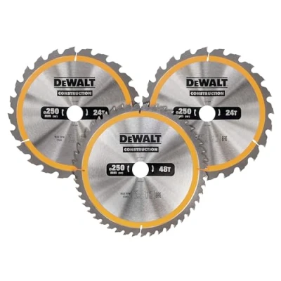 Imagen de DEWALT DT1963 QZ Juego de 3 Sierra Circular Estacionarias 250 mm, Agujero Eje 30 2 discos 24 y 1 disco 48 Dientes, Máx RPM 5500, Herramientas Resistentes a Clavos Duraderas