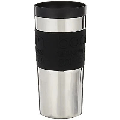 Imagen de Bodum Travel Mug Taza de Viaje (0,35 L, Acero Inoxidable) Cristal, Negro, 8.5 cm