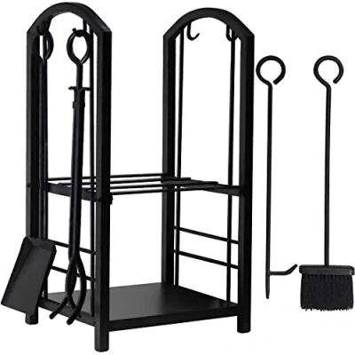 Imagen de Amagabeli Estante para leña de Chimenea Registro con 4 Herramientas 70x40x30cm Estufa Titular Conjunto Negro