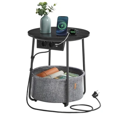 Imagen de VASAGLE Mesa Auxiliar, Lateral Redonda con Tomas de Corriente, Cesta Tela, Espaciosa, para Salón, Dormitorio, Mesita Noche, Estilo Moderno, Negro Ébano y Gris Pizarra LET228B02