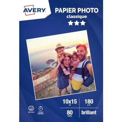 Imagen de AVERY 80 hojas de papel fotográfico brillante 180 g/m², tamaño 10 x 15 cm, impresión por inyección tinta,