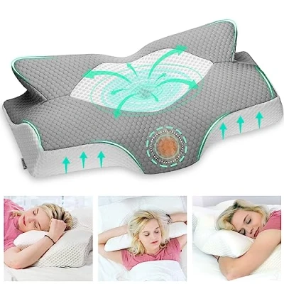 Imagen de Elviros Almohada Cervical de Espuma Viscoelastica con Memoria, Ortopedica para Soporte Cuello, Almohadas Ergonomico Dormir Lado y Boca Arriba