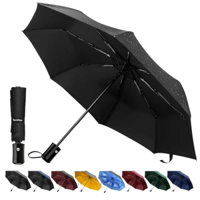 Imagen de TechRise paraguas clásico resistente al viento plegable automático compacto de viaje con un botón apertura y cierre automático, color negro