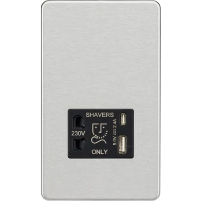Imagen de Knightsbridge Enchufe de afeitadora sin tornillos con doble USB A+C (5 V CC 2.4 A compartido), cromo cepillado inserto negro