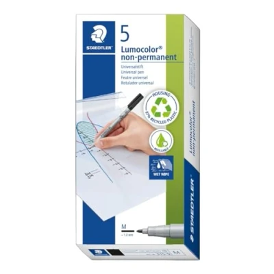 Imagen de Staedtler Lumocolor Rotulador No Permanente, Tinta Soluble En Agua, Apto Para Casi Todas Las Superficies, Ancho de Trazo M 1 Mm, Recargable, Larga Duración, 5 Rotuladores Negros, 315 9X