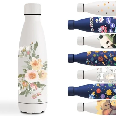 Imagen de Botella Agua Acero Inoxidable 500ml, Cantimplora Inoxidable, Personalizada con Flor, Mantiene 24H Frio/12H Calor, para la Escuela, Oficina, Viajar, Café, Yoga, Blanco