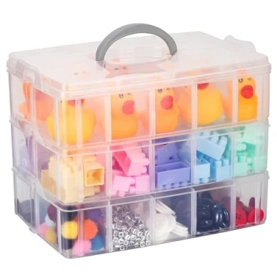 Imagen de Kurtzy Caja Almacenamiento Plastico 3 Niveles Ranuras de Compartimentos Ajustables Organizadora Transparente Máximo 30 Guardar Juguetes Joyas, Cuentas
