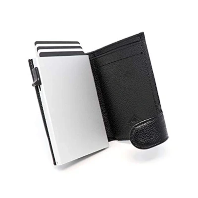 Imagen de Stealth Wallet Cartera Ligera y Minimalista con Tarjetero Carteras Emergentes Seguras Tarjeteros Bloqueo RFID (Aluminio Plateado Cuero Negro Bolsillo para Monedas)