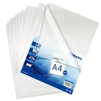 Imagen de Waytex 931299 Funda de esquina transparente A4 lisas y gruesas, 120 micras Paquete 50
