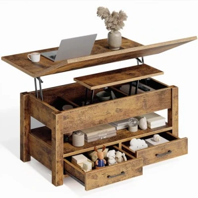 Imagen de Rolanstar Mueble de Centro Salón Ajustable en Altura con 2 Cajones, Mesa 100 x 50 cm Madera, Económico Espacio y Fácil Montar para Dormitorio