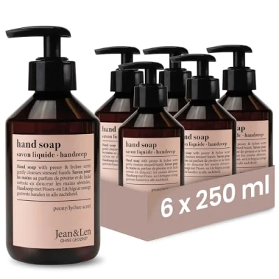 Imagen de jabón líquido para manos Jean &amp; Len, rosa y lichi, en set, limpia suavemente las manos, dispensador con bomba, aroma floral, sin parabenos, vegano, 6 x 250 ml