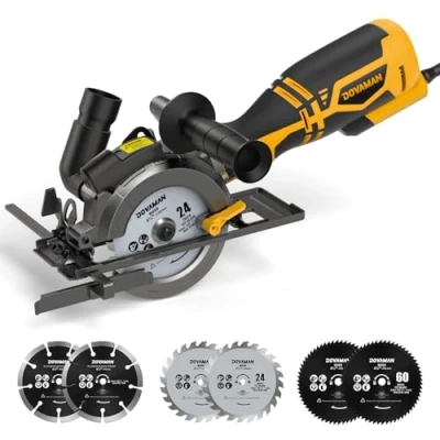 Imagen de DOVAMAN Mini Sierra Circular con Láser, 710W, 3500rpm, Mango Auxiliar, 45 Corte en Bisel, Profundidad de 29 a 43mm, 6 Hojas, para Madera, Metal Blando, Plástico, Azulejos MCS01A