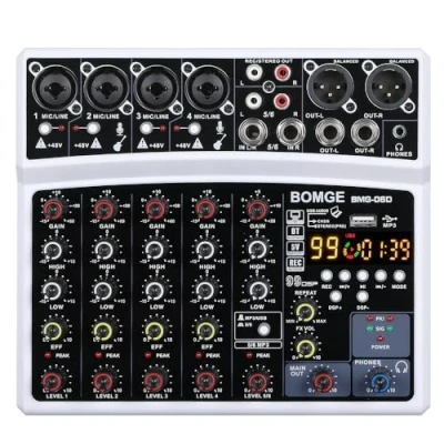 Imagen de BOMGE Mezclador de audio para dj 6 canales con MP3 USB Bluetooth, alimentaci¨®n fantasma 48V, efectos eco 16 DSP Live, M¨²sica, Karaoke, Podcast (BLANCO)