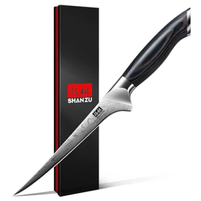 Imagen de SHAN ZU Cuchillo Pescado de Acero en Polvo, Deshuesador Súper Afilado, Filetear con Carbono Extra Duro, Filete Mango Ergonómico Madera Pakka