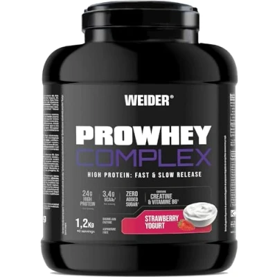 Imagen de Weider ProWhey Complex (1,2kg) Sabor Yogur de Fresa. Proteínas Concentrados y Aislados Lactosuero + Caseína micelar, Con 3,4g BCAA/porción, Creatina, L Glutamina, MCT, Vitamina B6, Bromelaína