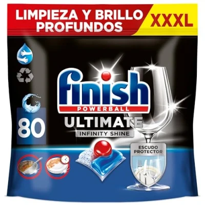 Imagen de Finish Powerball Ultimate Infinity Shine, pastillas para el lavavajillas contra manchas resecas y escudo protector, Pack de 80 (embalaje puede variar)