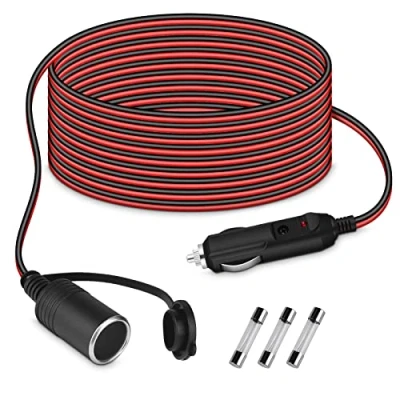 Imagen de URAQT Cable de extensión Coche, 4.6M 12V/24V Alargador Mechero, 15A Encendedor Cigarrillos Plug, 17 AWG Impermeable Universal, Alargadores Enchufes con 3 Fusibles