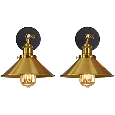 Imagen de iDEGU 2 Piezas Lámpara de Pared Industrial E27 Aplique Estilo Edison Metal con Rotación 180 Techo Vintage para Dormitorio Sala Estar Cocina Pasillo, 22cm (2x Oro)