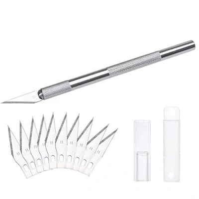 Imagen de DealKits Juego de bisturí, incluye 10 cuchillas repuesto SK5 y tapa protectora, cuchillo para manualidades, tallar cortar fondant tela, lámina carbón manualidades (plata)