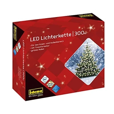 Imagen de Idena 30441 Cadena de luces LED con 300 LEDs en blanco cálido, función temporizador 8 horas y transformador, para interior exterior, como decoración fiestas, navidad, bodas