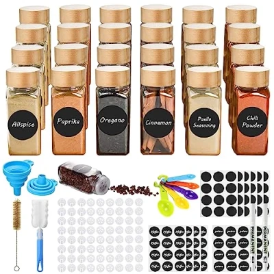 Imagen de TWBEST 24pcs Botes especias Cristal,Botes para Especias,Tarros con Tapa,Embudo,Tamiz,Etiqueta y Bolígrafo,para parrilla, cocina, almacenamiento de