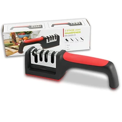 Imagen de Afilador Cuchillos y Tijeras de Profesional Base Antideslizante Afilado Rápido Utensilios Cocina 3 Etapas Knife sharpener Manual. (Rojo Negro)