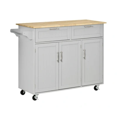 Imagen de HOMCOM Isla de Cocina Carro con Ruedas Carrito Servicio Multiusos 2 Cajones 3 Puertas Estantes Ajustables y Barra Colgante para Comedor 121x46x91 cm Gris