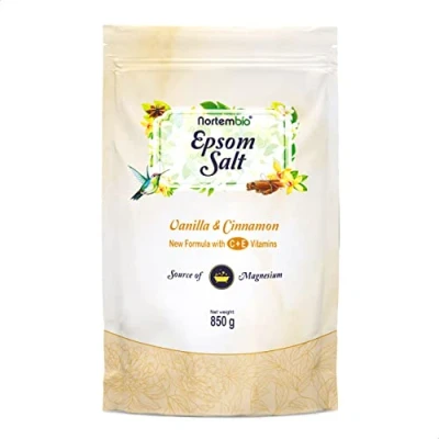 Imagen de Nortembio Sal de Epsom 850 g. Fragancia Vainilla y Canela. Baño Hidratada con Vitamina C E. Relajación Músculos, Aromaterapia Buen Sueño. E Book Incluido.