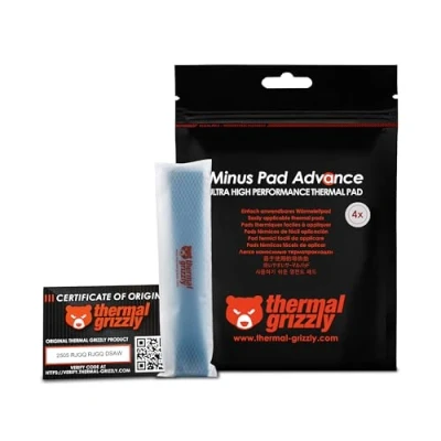 Imagen de Thermal Grizzly Minus Pad Advance Paquete de 4 almohadillas interfaz térmica, 120 x 20 2.0 mm, eléctricamente no conductiva, alta conductividad térmica y compresibilidad para SSD, GPU