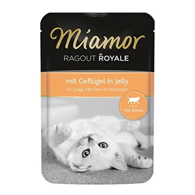 Imagen de MIAMOR Ragout Royale in Jelly Gatitos Comida húmeda para Gatos con trozos de ragú pienso Completo en Bolsa Fresca sin Soja, colorantes ni conservantes 22 x 100 g Aves Corral