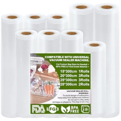 Imagen de GIBOHOM 9 Rollos Bolsas Vacio Alimentos 15/20/25/28 x 300 cm, Gofradas Envasar al 150µm BPA Free, Antidesgarro, Envasadora para Vacío e Sous Vide