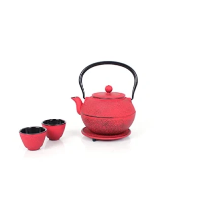 Imagen de Echtwerk Juego de té hierro colado 1,1 l con colador extraíble, tetera platillo y 2 tazas té, vintage para suelto, amarillo