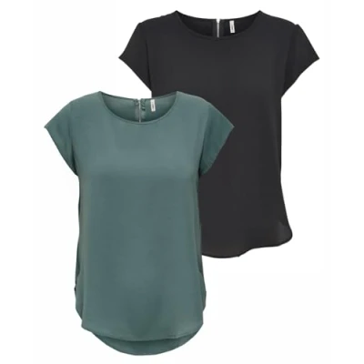 Imagen de ONLY Onlvic SS AOP Noos Ptm Top, Camiseta, Blusa, Camiseta para Mujer, Elegante Top 2 Unidades (1 bálsamo Verde/1 Negro), 42…