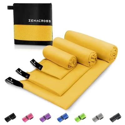 Imagen de ZENACROSS Toalla Gimnasio (Juego de 3) con Bolsa Transporte Microfibra Secado Rápido y Versátil Toallas Tallas S, M, L Amarillo