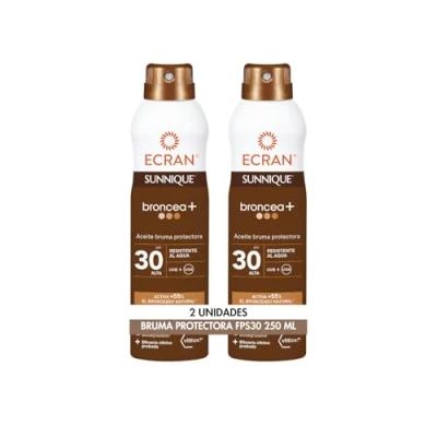 Imagen de Ecran Sunnique Bruma Aceite Protector FPS 30, Protección UVB + UVA e IR A, Resistente al Agua, Con Tecnología Pure Bronze y VitEox 80, Activa el Bronceado Natural, Sin Autobronceador 2 x 250 ml