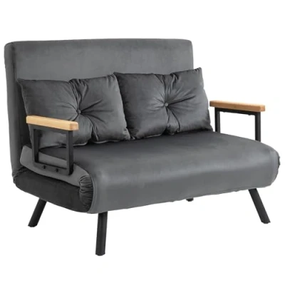 Imagen de HOMCOM Sofá Cama de 2 Plazas Plegable Tapizado en Terciopelo con Respaldo Ajustable 5 Niveles y Almohadas Acolchadas para Oficina Dormitorio Salón 102x73x81 cm Gris
