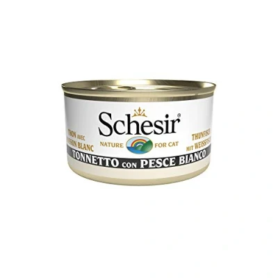 Imagen de Schesir, comida húmeda para gatos adultos, sabor bacoreta con pescado blanco, filetes en gelatina blanda Total 2,04 kg (24 latas x 85 gr) 2040 g