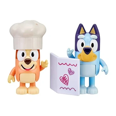 Imagen de Bluey and Bingo Fancy Restaurant Juego de 2 Figuras acción articuladas 2.5 Pulgadas, Incluye menú Juguetes y Sombrero Chef, Juguete Coleccionable Oficial