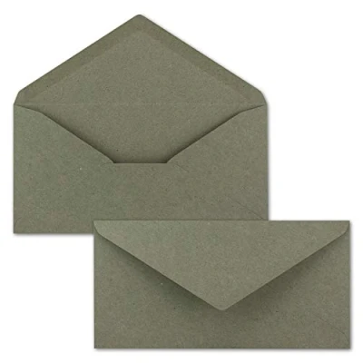 Imagen de 50 sobres de papel estraza ecológico, gris, longitud DIN, 11 x 22 cm, adhesivo para humedecer, 120 g/m², solapa puntiaguda NEUSER PAPIER