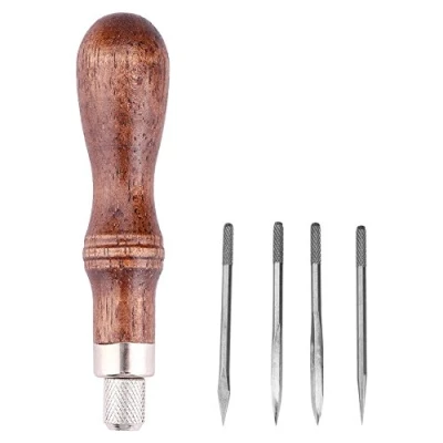 Imagen de Fdit 4 en 1 Mango de Madera Kit Costura Artesanal Cuero punzón Diamante Herramienta perforación Agujeros Bricolaje para Coser a Mano Cosido